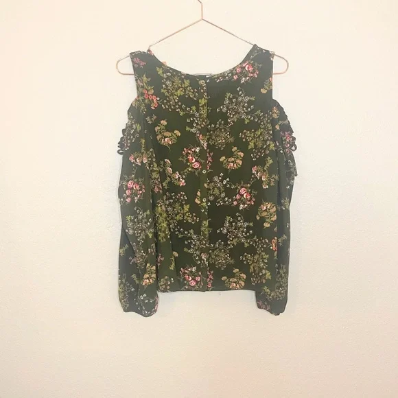 LC Lauren Conrad Floral Cold Shoulder Blouse - Olive and Pink - Picture 6 of 6